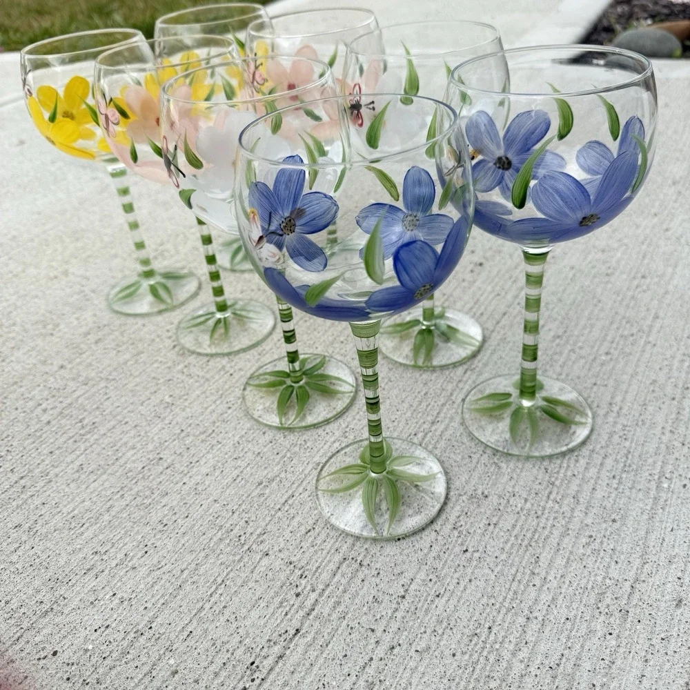Vintage Hand Painted Wine Glass Floral Pansies Daisy 1970s Retro Kitchen Lot 8